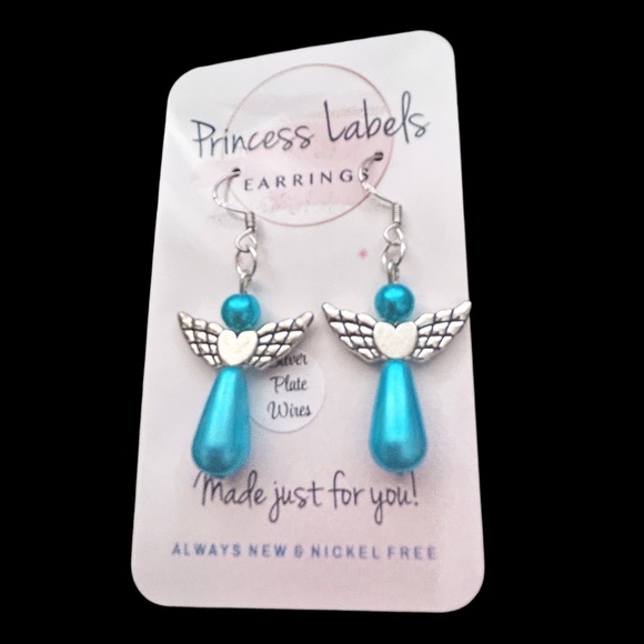 Hand Crafted Drop Earrings 3-D Articulating Angel Blue Pearl Silver Plate Wires - Picture 3 of 6